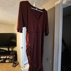 VENUS Burgundy Long Sleeve Dress with Ruched Design